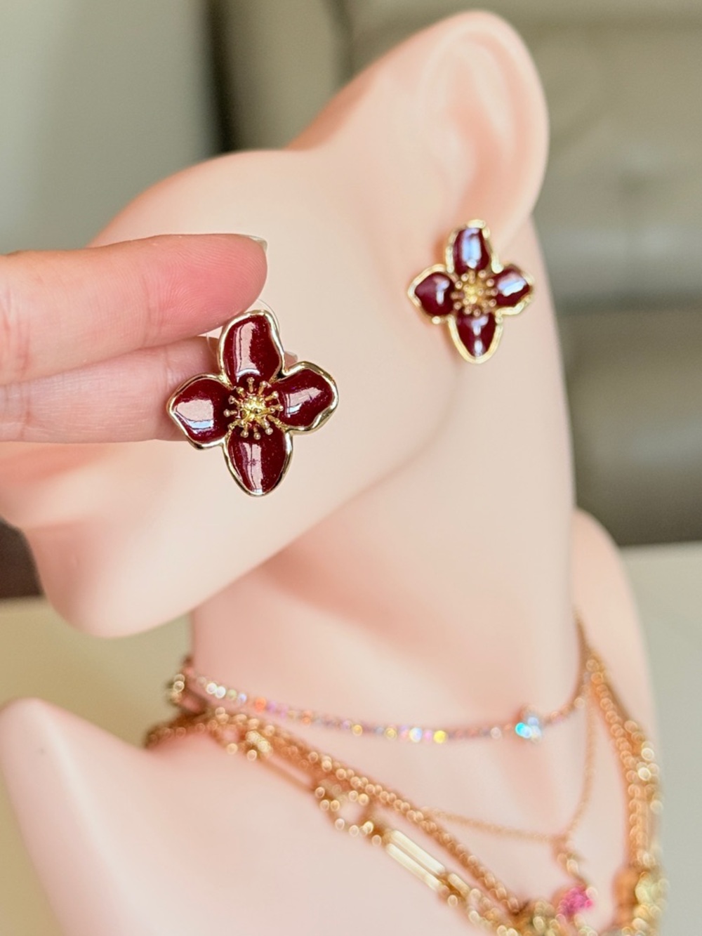 Gold-Tone Purple Flower Stud Earrings - Picture 4 of 13